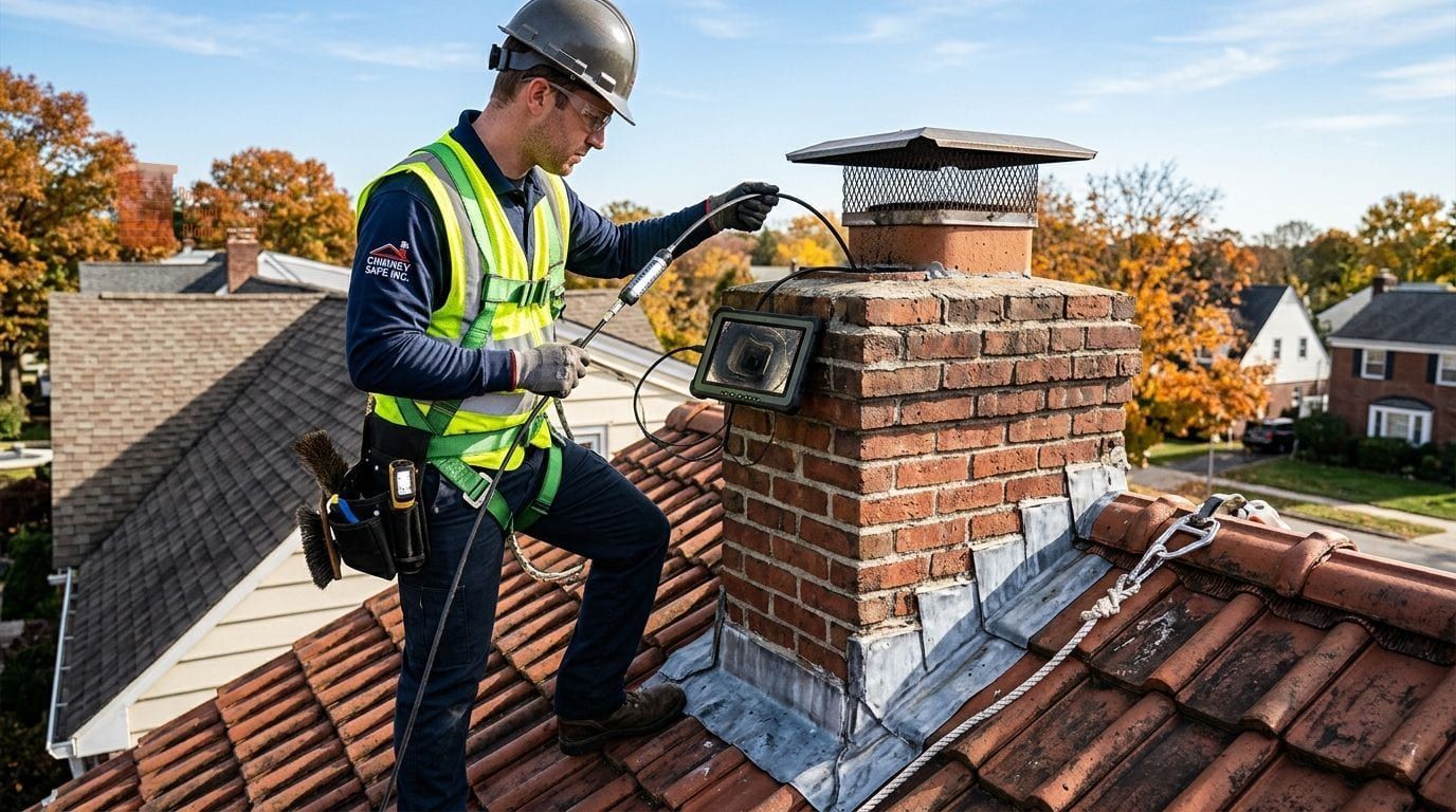 A technician in a hard hat running an inspection camera down a flue from the roof