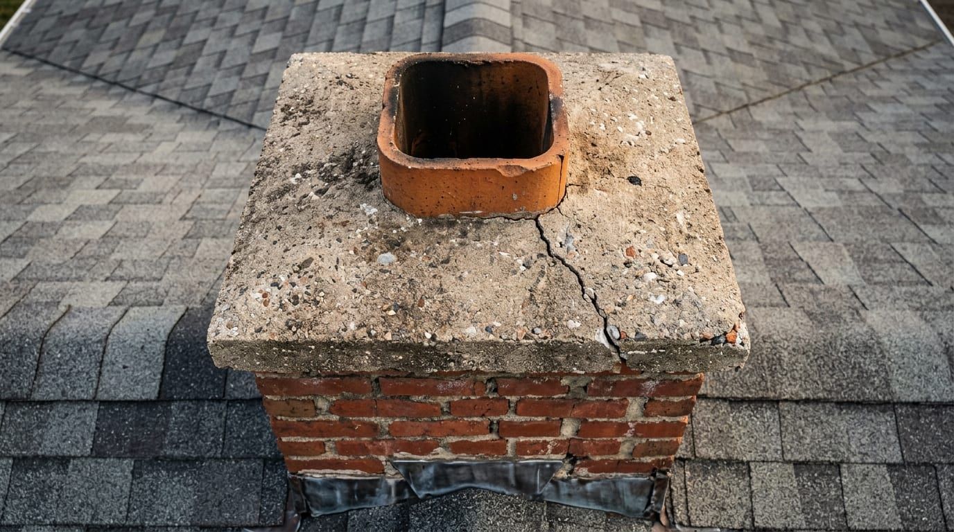 A cracked concrete chimney crown with a hairline running from the flue tile to the edge