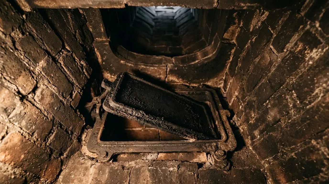 A cast iron throat damper seen from inside the firebox, open on its frame