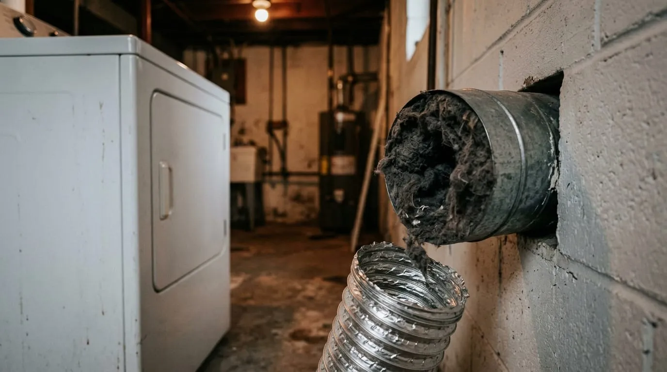 A dryer duct disconnected at the wall stub with matted lint packed inside