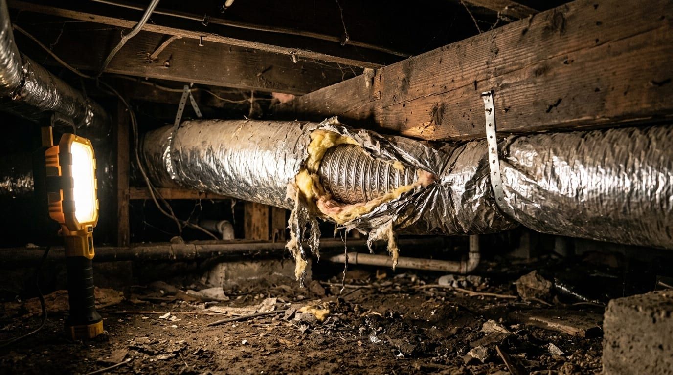 A flexible duct crushed almost flat where it crosses a timber joist in a crawlspace