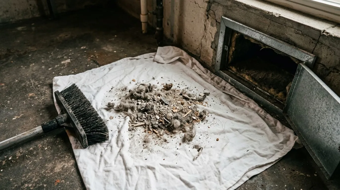 A heap of household dust and debris collected on a white sheet