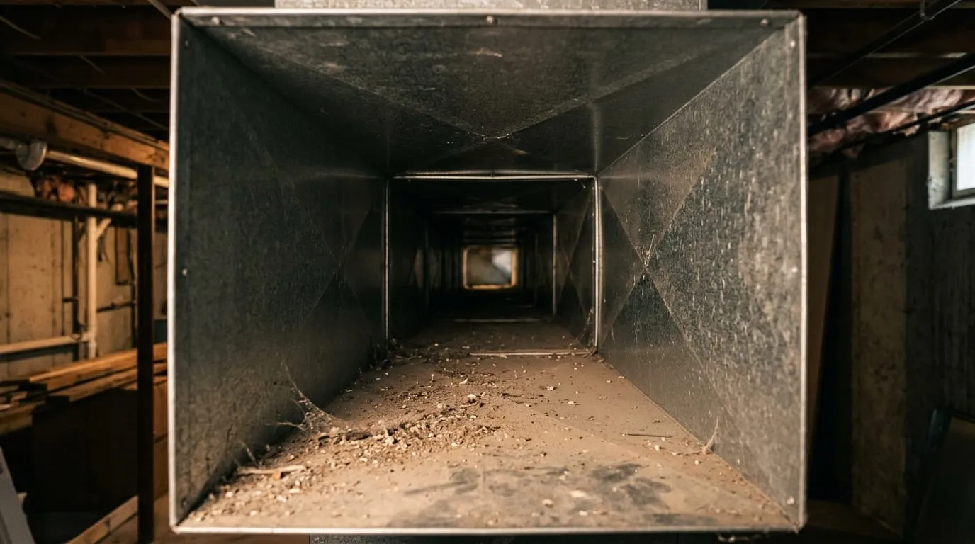 The inside of a rectangular galvanised supply duct with dust along the bottom seam