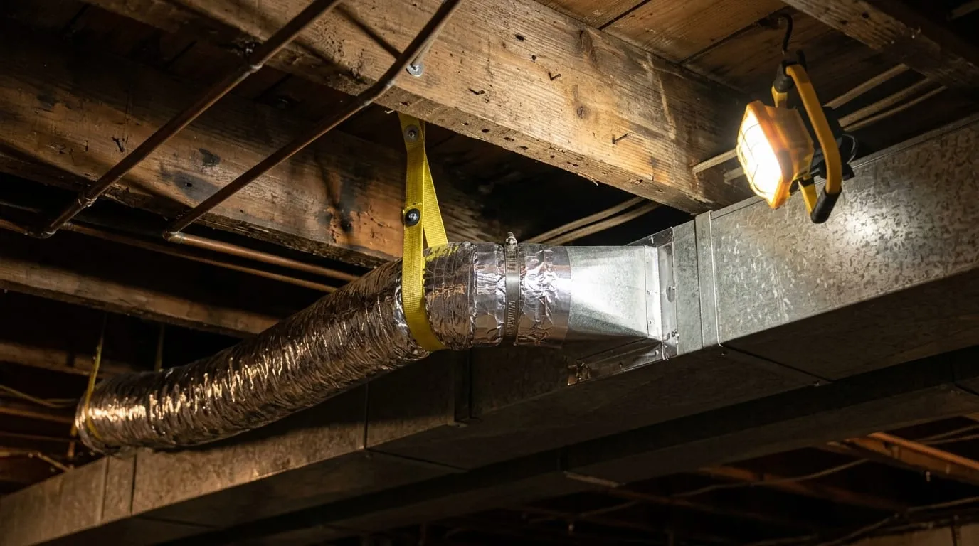 A newly fitted insulated flexible duct clamped to a sheet metal takeoff