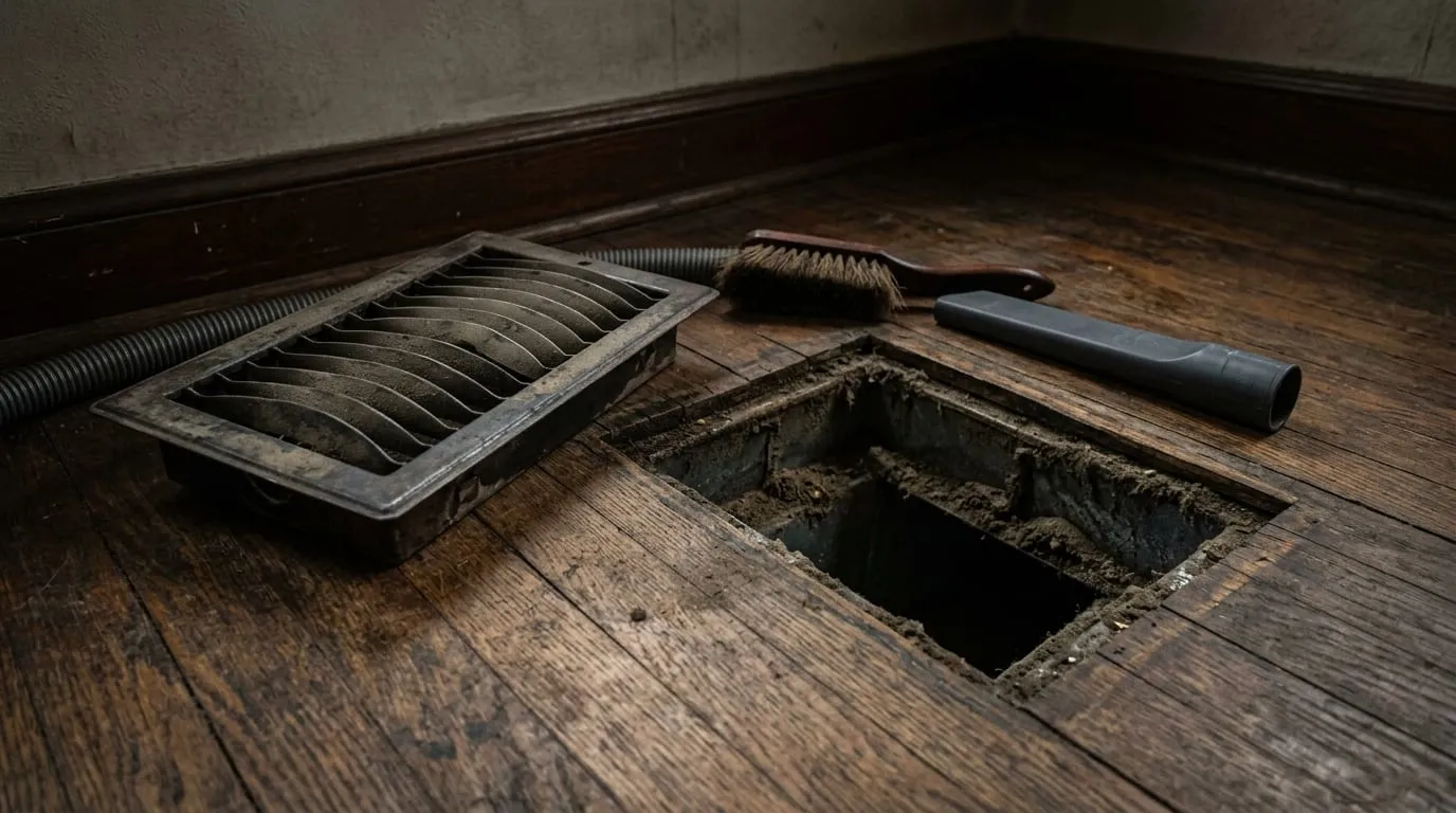 A floor supply register lifted out of its boot with dust visible on the vanes