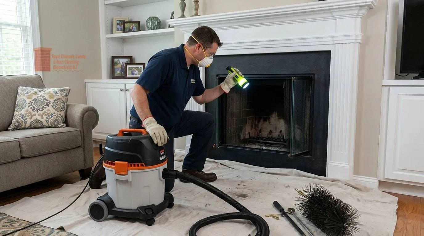 A technician checking a living-room firebox by torchlight with the vacuum ready