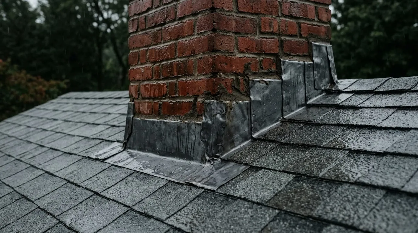New lead step flashing worked into the mortar joints where a chimney meets the roof