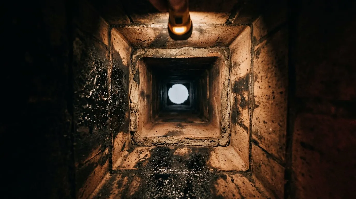 Looking up the inside of a clay-tiled flue with a mortar joint visible partway up