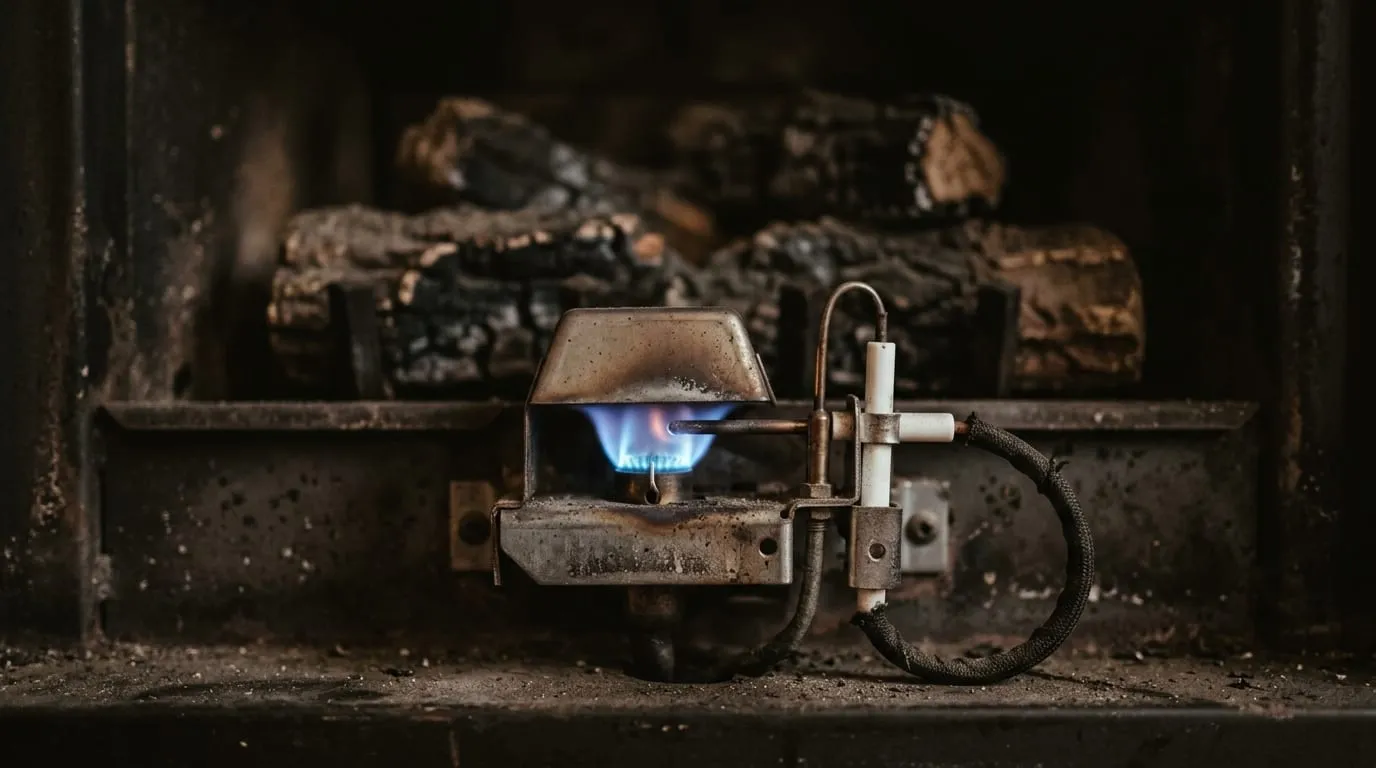 A gas log burner with the pilot lit, blue flame steady against the burner tube