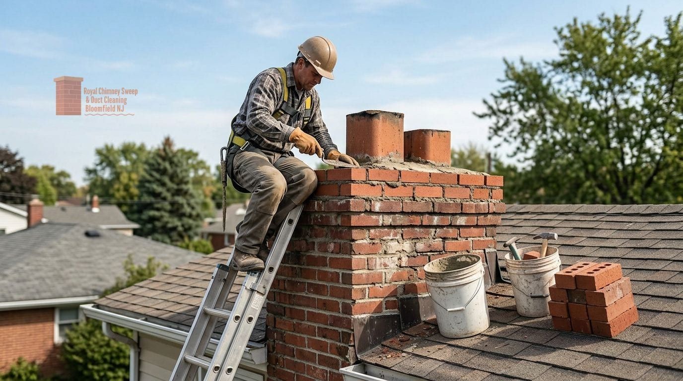 A technician clearing a flue with hose and brush, suburban rooftops behind