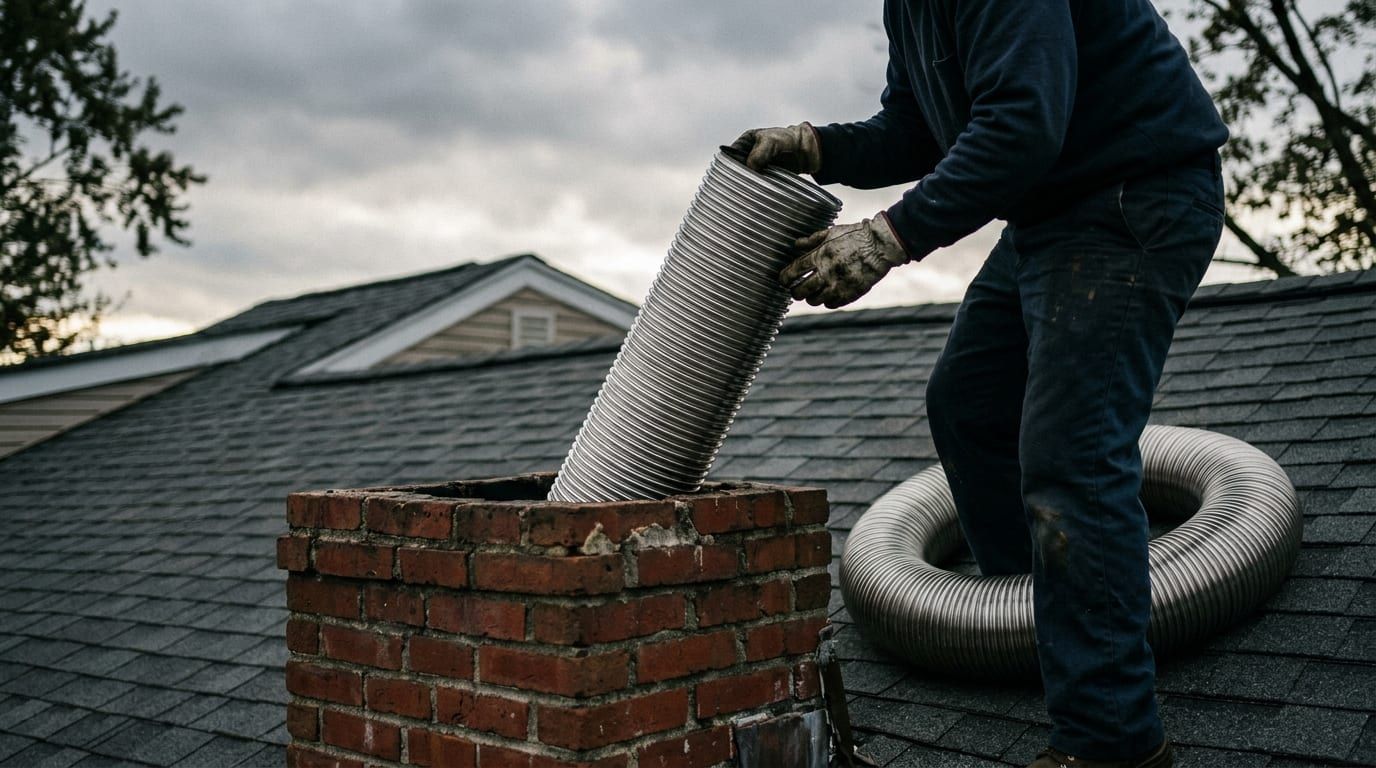 A corrugated stainless steel chimney liner being lowered into a flue from the roof