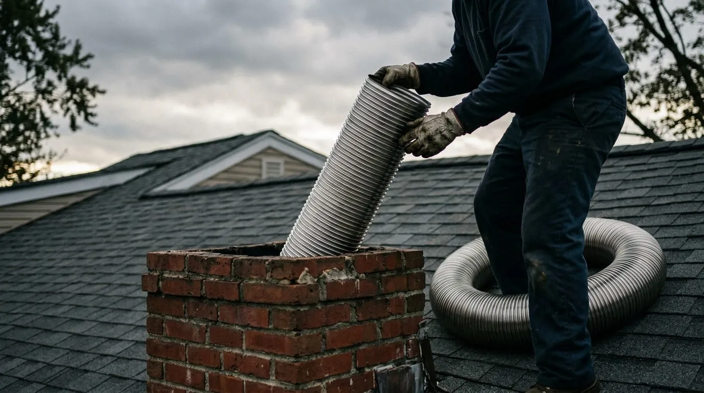 A corrugated stainless steel chimney liner being lowered into a flue from the roof