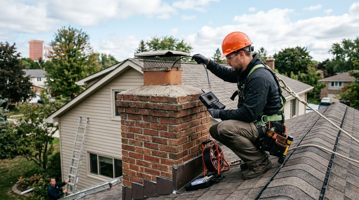 Rods and a camera monitor set up at a chimney on a shingle roof