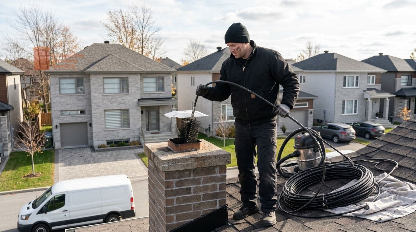 A technician working rods into a chimney with the van parked at the curb below