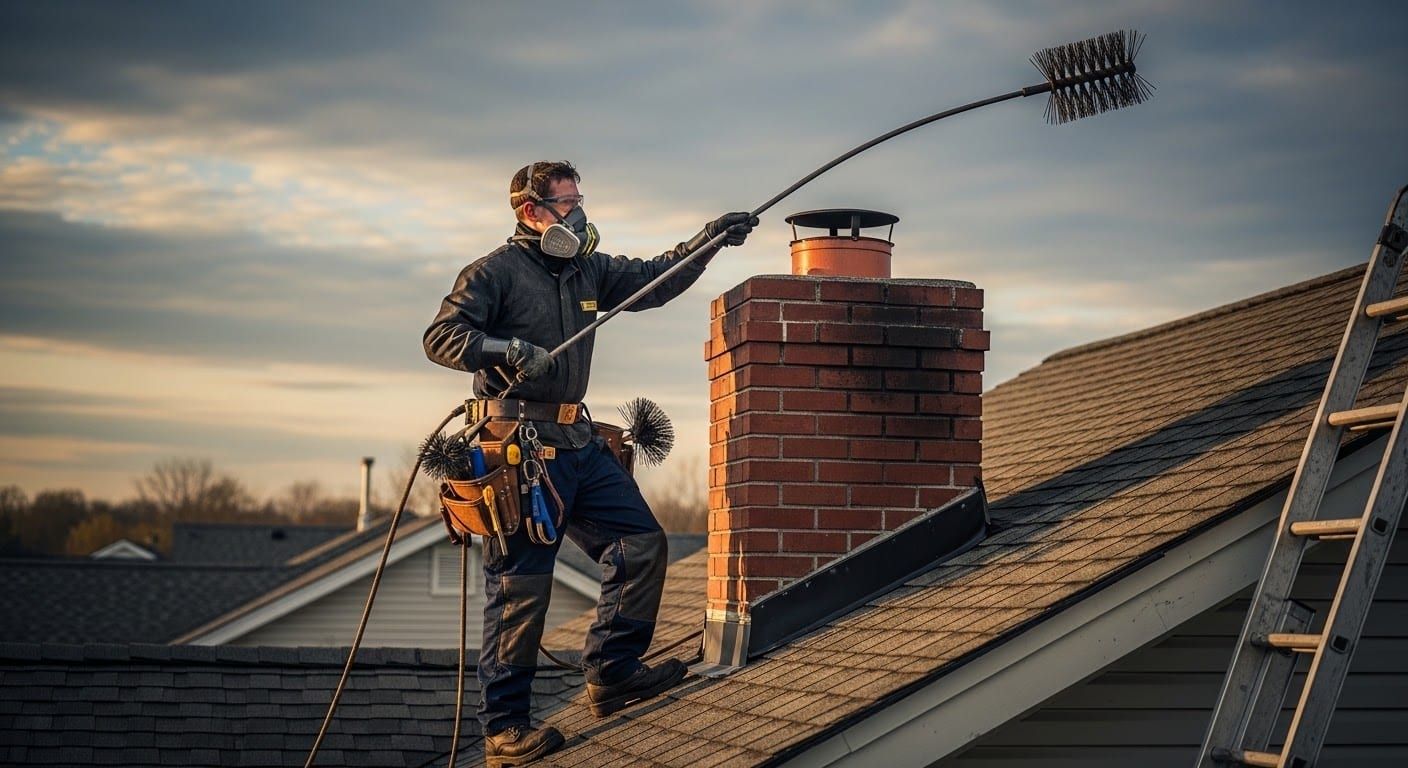 A technician working brush rods down a brick chimney at dusk with the ladder still against the roof