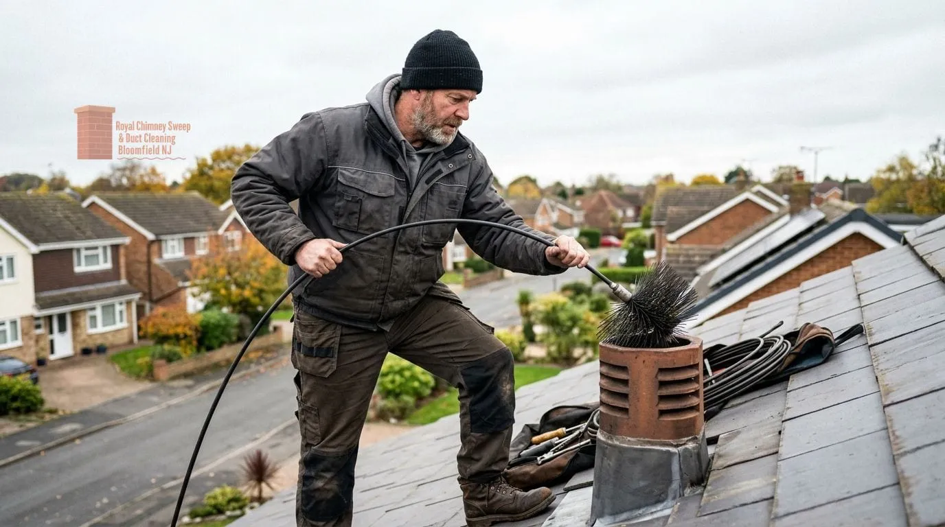 A vacuum hose held over the crown of a brick chimney during a sweep