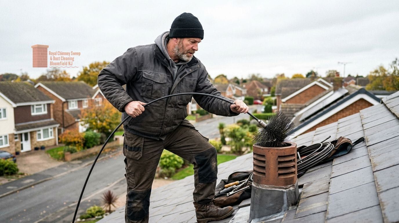 A vacuum hose held over the crown of a brick chimney during a sweep